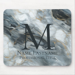 Mousepad Monograma Elegante Cinza Azul Mármore Preto