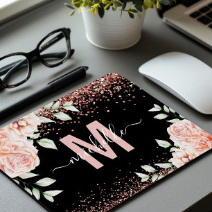 Mousepad Monograma Elegante com Brilho Rosa Floral Dourado