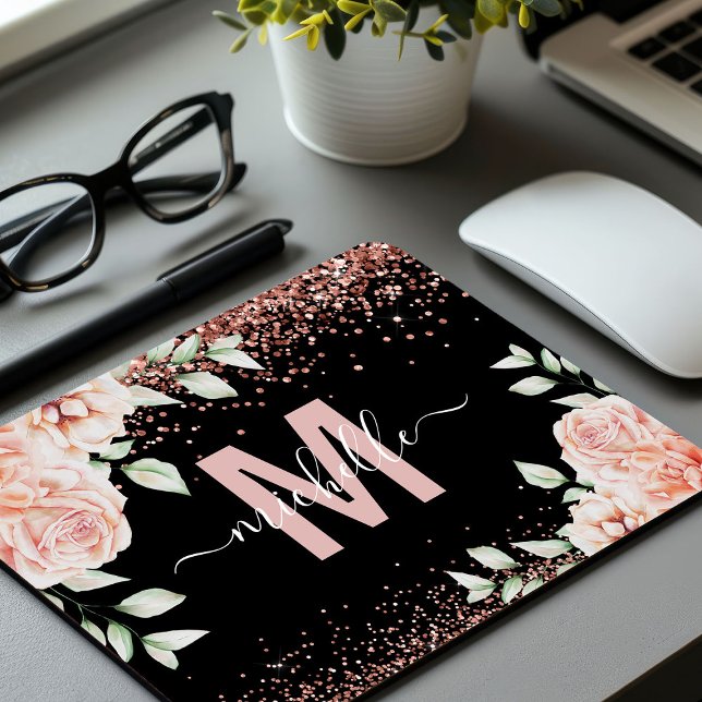 Mousepad Monograma Elegante com Brilho Rosa Floral Dourado (Criador carregado)