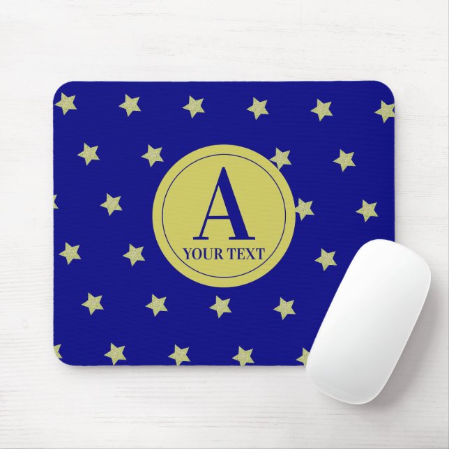 Mousepad Monograma Elegante com Estrelas em Ouro e Azul (Com mouse)