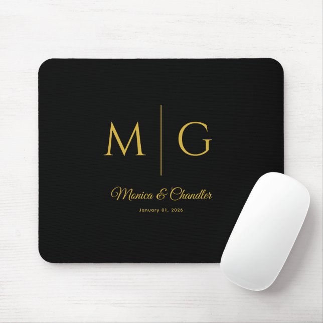 Mousepad Monograma Elegante Com Nome do Casal Preto (Com mouse)