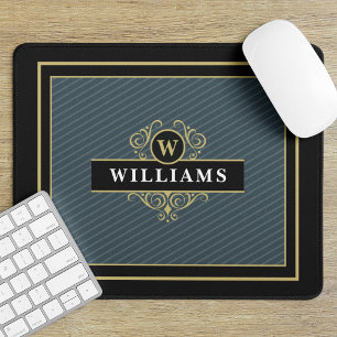 Mousepad Monograma Elegante com Pinstripe Preto e Dourado
