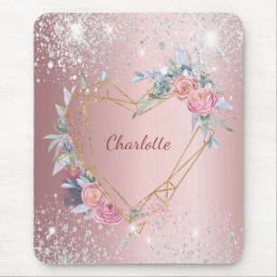 Mousepad Monograma elegante de brilho prateado floral cor-d