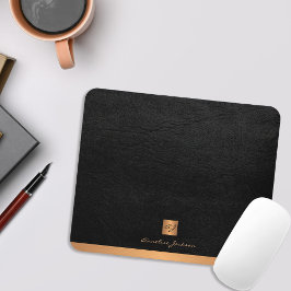Mousepad Monograma elegante de couro preto clássico