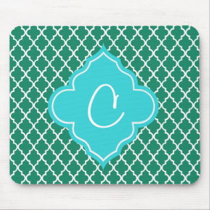 Mousepad Monograma elegante em verde e azul-verde com quatr