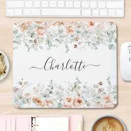 Mousepad Monograma Elegante Flora Verde Rosa Rústica