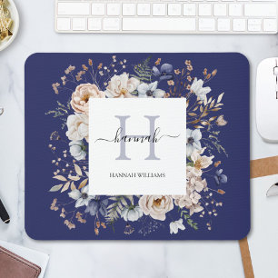 Mousepad Monograma Elegante Flores Florais Beige Azul Bonit