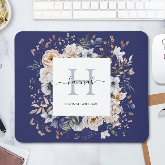 Mousepad Monograma Elegante Flores Florais Beige Azul Bonit (In situ)