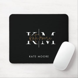 Mousepad Monograma Elegante Preto Dourado Escrito Escritóri