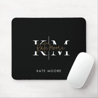 Mousepad Monograma Elegante Preto Dourado Escrito Escritóri