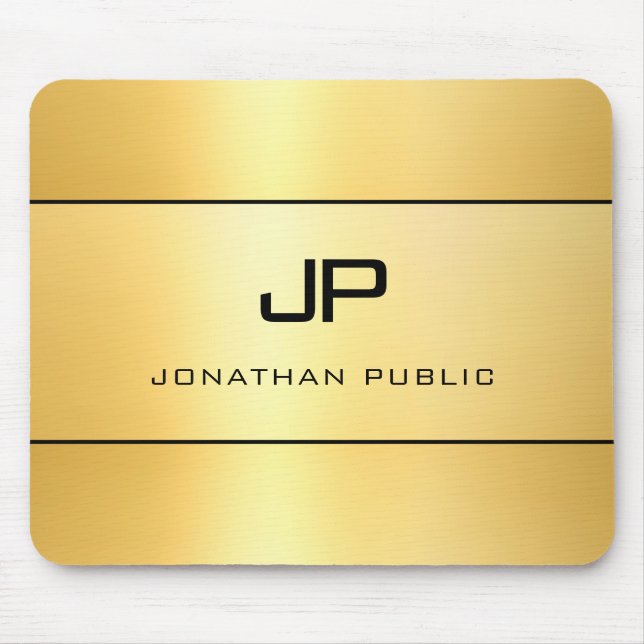 Mousepad Monograma Elegante Preto Moderno Preto Dourado Per (Frente)