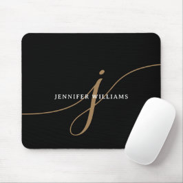 Mousepad Monograma Elegante Simples Preto e Dourado em Letr