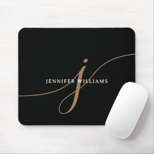 Mousepad Monograma Elegante Simples Preto e Dourado em Letr