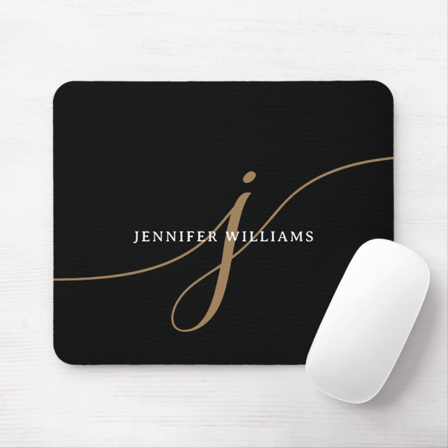 Mousepad Monograma Elegante Simples Preto e Dourado em Letr (Com mouse)