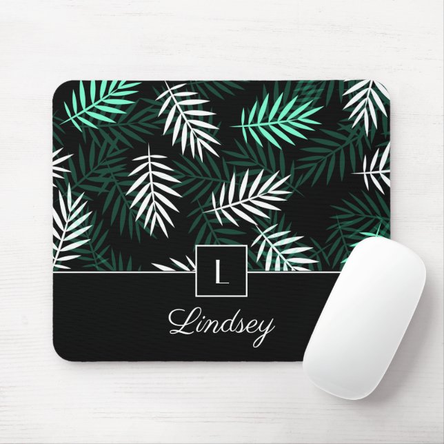 Mousepad Monograma Elegante Verde Deixa Padrão Botânico (Com mouse)