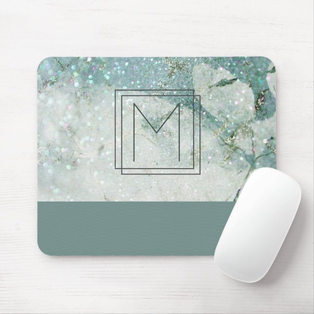 Mousepad Monograma em Glitter de Mármore Verde Turquesa Mon (Com mouse)