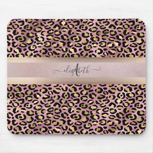Mousepad Monograma em Ouro Rosê com Estampa de Leopardo Pre (Frente)