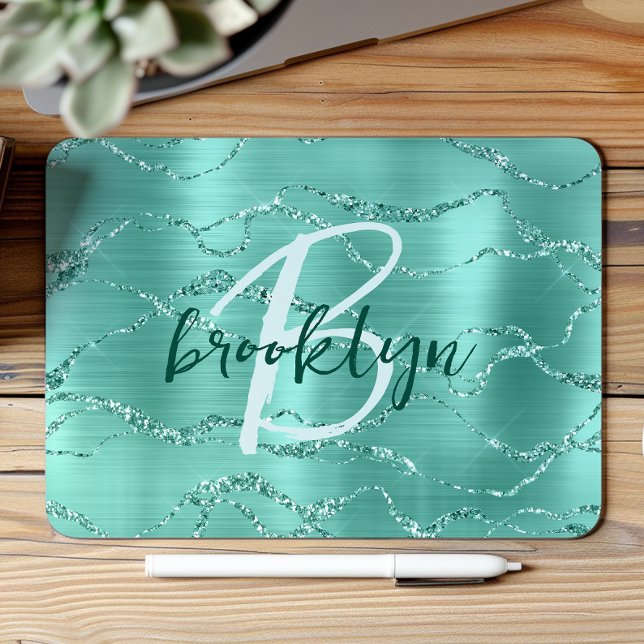 Mousepad Monograma em Rótulo de Metal Brilhante Aqua  (Criador carregado)