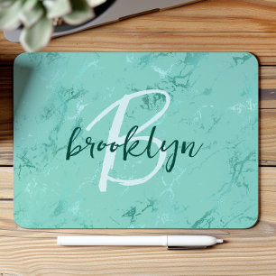 Mousepad Monograma em Script de Folha de Mármore Azul Aqua