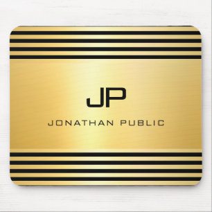 Mousepad Monograma Faux Dourado Black Modern Elegante