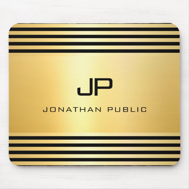 Mousepad Monograma Faux Dourado Black Modern Elegante (Frente)