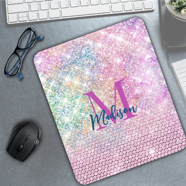 Mousepad monograma faux glitter rhinestone cor-de-rosa-unic (Criador carregado)