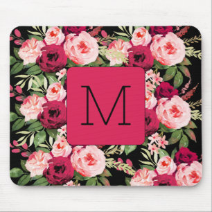 Mousepad Monograma feminino bonito floral preto e rosa