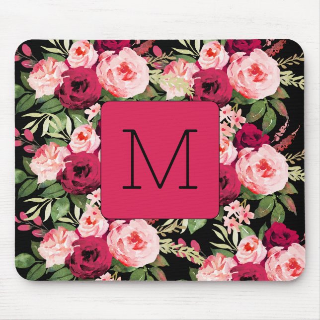 Mousepad Monograma feminino bonito floral preto e rosa (Frente)