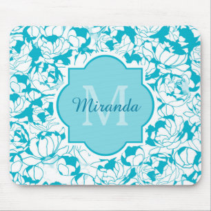 Mousepad Monograma feminino floral de turquesa moderna com