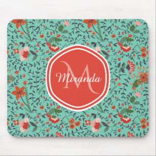 Mousepad Monograma floral alaranjado e vermelho de