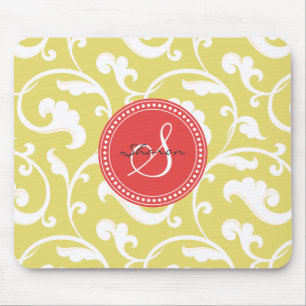 Mousepad Monograma floral amarelo feminino elegante do