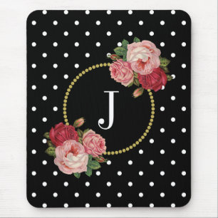 Mousepad Monograma floral antigo preto elegante das