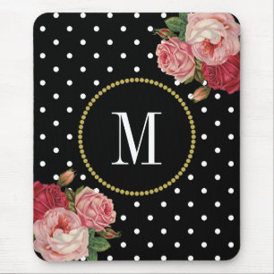Mousepad Monograma floral antigo preto elegante das