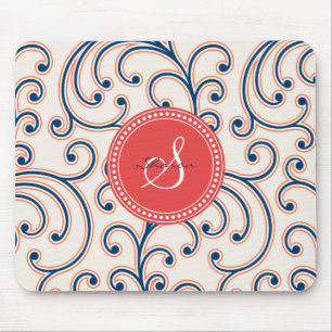 Mousepad Monograma floral azul alaranjado feminino elegante
