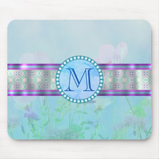 Mousepad Monograma Floral Azul Pastel (Frente)