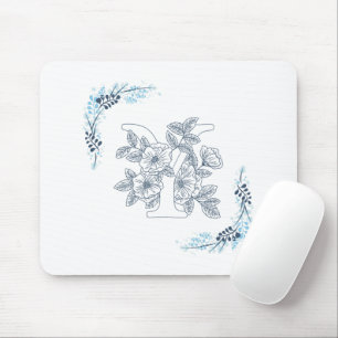 Mousepad Monograma Floral Azul "Y" Inicial Calmo