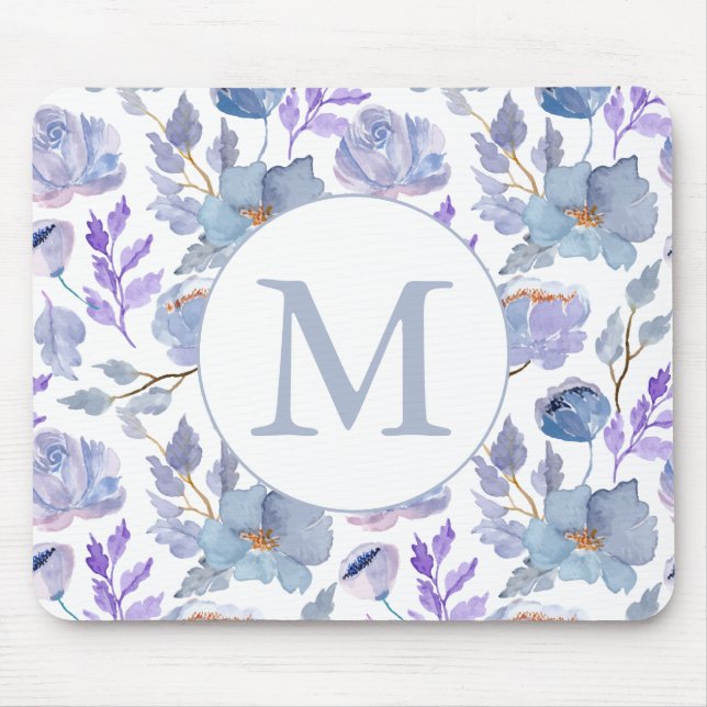 Mousepad Monograma Floral bonito Azul Lilado com Cor de Águ (Frente)