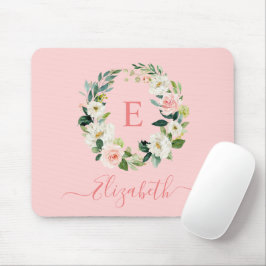 Mousepad Monograma Floral Branco Cor de Água Elegante