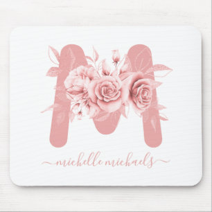 Mousepad Monograma Floral Branco Dourado Rosa
