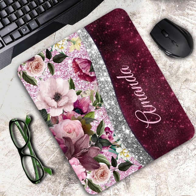Mousepad monograma floral Burgundy cor-de-rosa-prateado (Criador carregado)