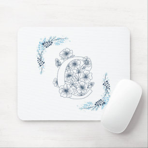 Mousepad Monograma Floral Calmo Azul Inicial "C"