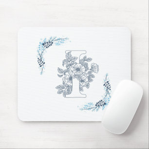 Mousepad Monograma Floral Calmo Azul Inicial "I"