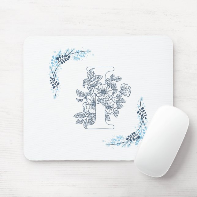 Mousepad Monograma Floral Calmo Azul Inicial "I" (Com mouse)