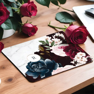 Mousepad Monograma Floral Chic Burgundy e Marble Watercolor