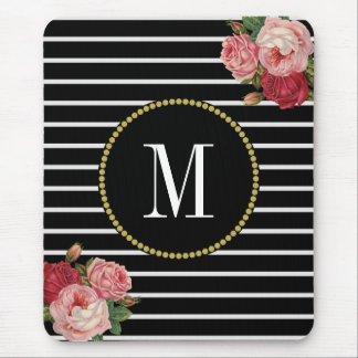 Mousepad Monograma Floral Clássico em Black Striped Antique