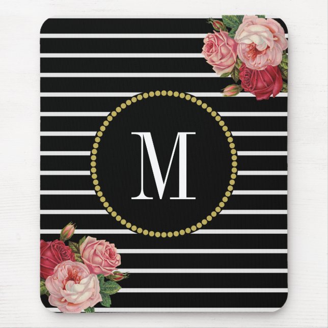 Mousepad Monograma Floral Clássico em Black Striped Antique (Frente)