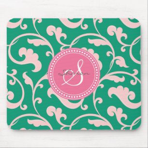 Mousepad Monograma floral cor-de-rosa verde feminino