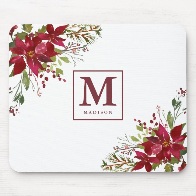 Mousepad Monograma floral da poinsétia da aguarela chique (Frente)