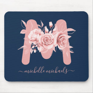 Mousepad Monograma Floral de Aquarela com Marinho Dourada r