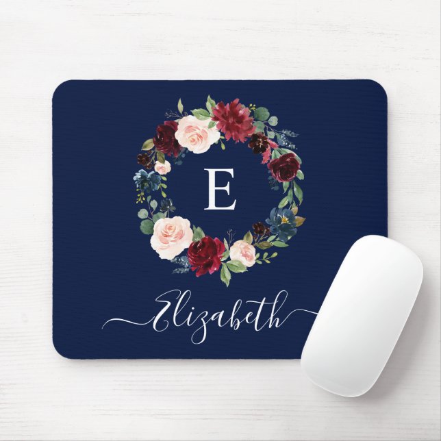 Mousepad Monograma Floral de Cor de Água Elegante Moderna (Com mouse)